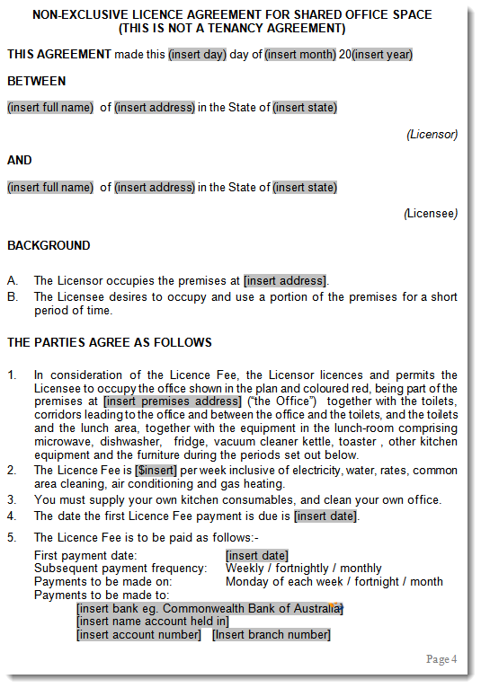shared office space rental licence agreement sample