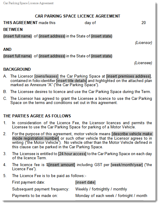 car park rental agreement sample
