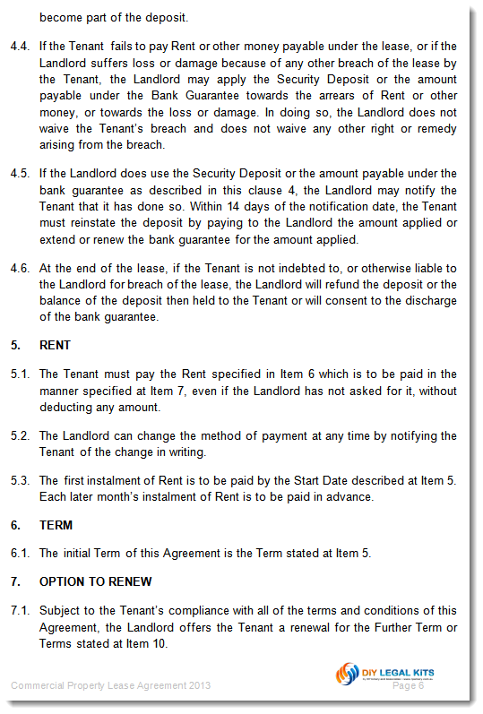 Commercial Property Lease document excerpt sample 4
